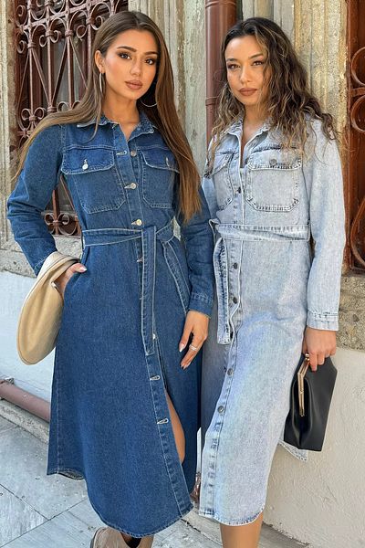 GÜLSELİ Rochie albastră cu buzunar dublu, cu nasturi în față, cu gât polo, din denim