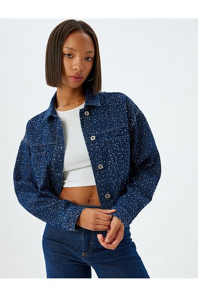 Koton Jeweled Jeans Jacket Klasický límec s kapsami na knoflíky
