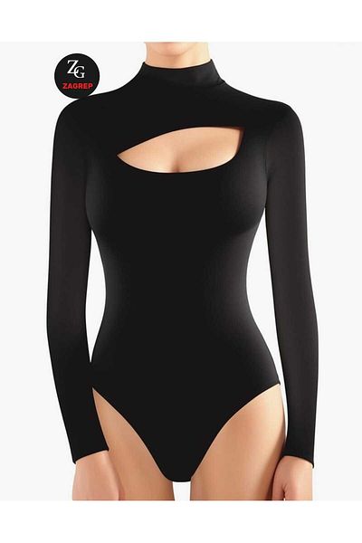 Zagrep Women's Black Half Turtleneck Double-Layer Silk Jersey Body with Window on the Front