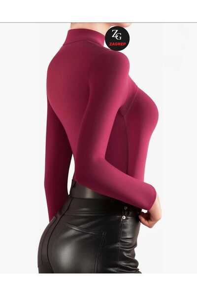 Zagrep Women's Burgundy Half Turtleneck Windowed Double Layer Silk Jersey Body