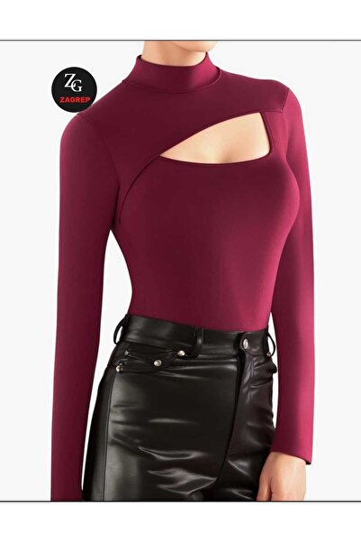 Zagrep Women's Burgundy Half Turtleneck Windowed Double Layer Silk Jersey Body