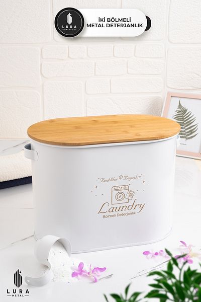 Lura Metal Two Compartment White Bamboo Lid Metal Detergent Tablet Storage Box - 12 Lt