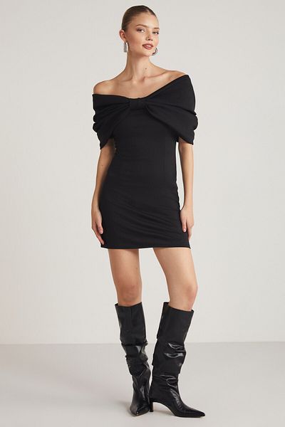 GRIMELANGE Paola Women's Off-The-Shoulder Black Dress with Ribbon Model Carmen Collar and Steel Interlock Fabric