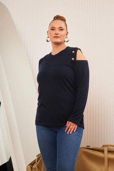 RMG Large Size Shoulder Detail Knitted Blouse Navy Blue