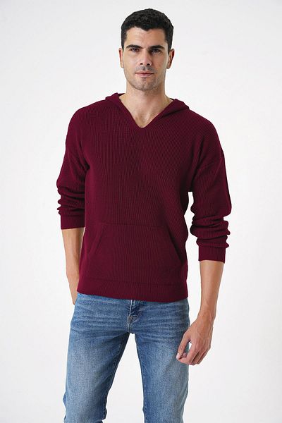 CHUBA Men's Thessaloniki Knitted Hooded and Pocketed Standard Cut Knitwear Sweater Claret Red 25W2002