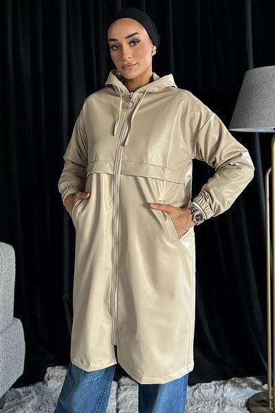 julude Εποχιακή καμπαρντίνα Hijab Faux Leather με μπεζ κουκούλα με φερμουάρ