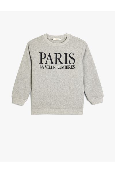 Koton Paris Printed long Sleeve Raised Sweatshirt - Crew Neck