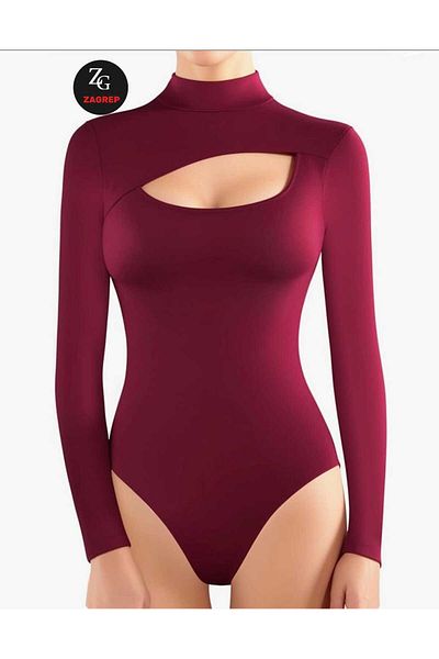 Zagrep Women's Burgundy Half Turtleneck Windowed Double Layer Silk Jersey Body