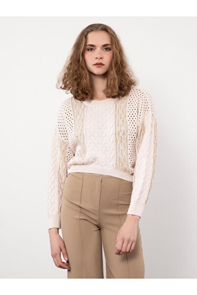 Serianno Ajurlu Metalik Ip Detaylı Kazak Kzk9590kemık