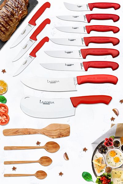 LAZBİSA Silver Series Kitchen Knife Set Row Crescent Pastry Knife and Montessev Olive Spoon Set (15 Pieces)
