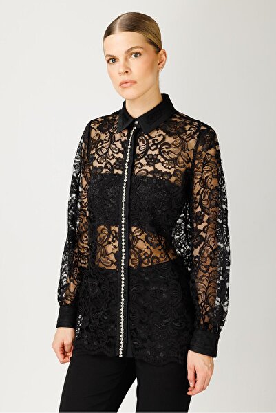 Moda İlgi Modailgi  Patı Taş Detaylı Dantel Gömlek Siyah