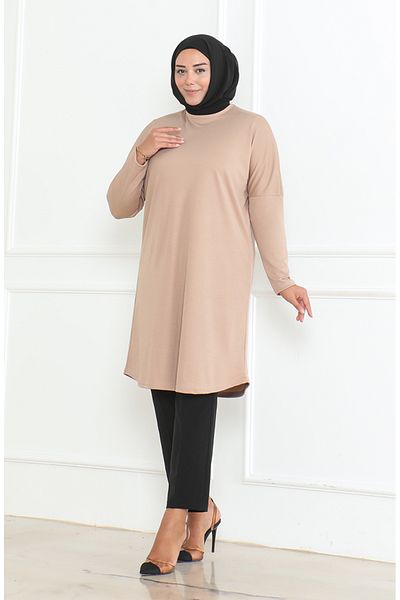sefamerve Εποχιακό χιτώνα χαλαρής κοπής Plus Size - Milk Coffee 8738-04