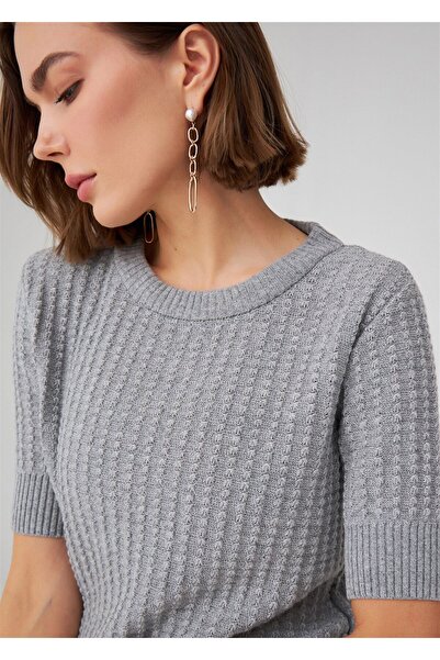 Peraluna Gray Melange Women's Knitwear Blouse - Crew Neck, Half Sleeve, Cashmere Blend