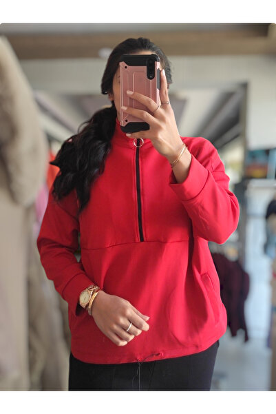 Sublime Butik Γυναικείο φούτερ με κόκκινο Scuba Half Zipper Oversize