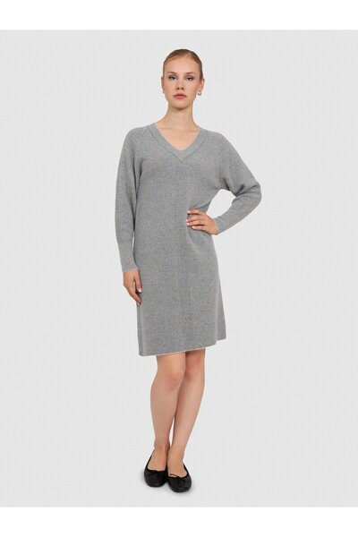 Serianno Yün Karışımlı Tüvit Örgü Elbise Elb7524grı