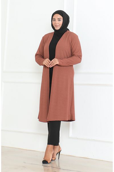 sefamerve Large Size Draped Long Seasonal Cardigan 8740-01 Brown