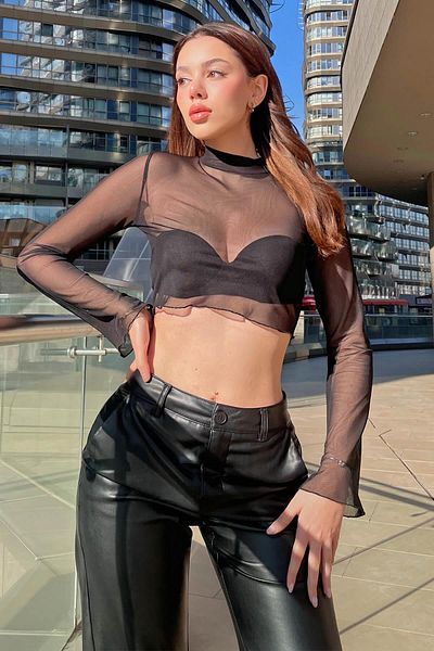 Swist Black Spanish Sleeve Tulle Transparent Women's Crop Blouse