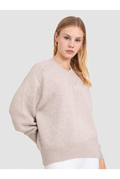 Serianno Organik Yün Ve Organik Pamuk Karışımlı V Yaka Kazak KZK8706BEJ