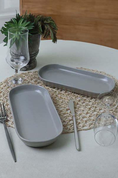 Keramika 26 cm Wide Matte Gray Noyan Boat Plate - 2 Pieces 995