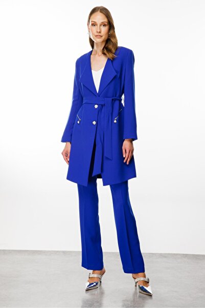 Moda İlgi Modailgi  Şal Yaka Belden Kuşaklı Uzun Ceket Saks