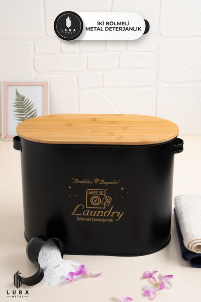 Lura Metal İki Bölmeli Bambu Kapaklı Siyah 12 lt Metal Tablet Deterjan Saklama Kutusu - Banyo Düzenleyici