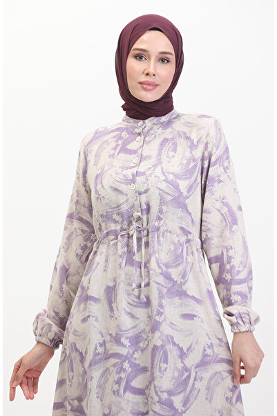 sefamerve Beige Lilac Linen Dress - Front Button and Lace-Up 0520A-02