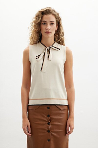 Peraluna Janette Blouse Stripe Detailed Bow Sleeveless Women's Knitwear Blouse - Beige