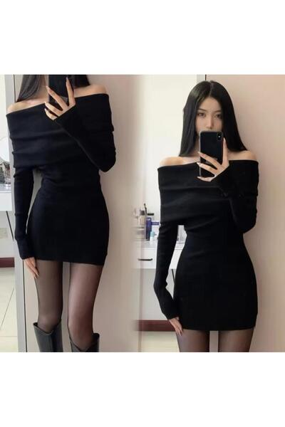 Styling Park Fitilli Kaşkorse Omuz Detaylı Carmen Yaka Uzun Kollu  Mini Elbise