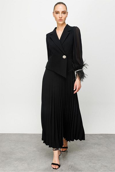 Moda İlgi Modailgi Πιέτα Λεπτομερής Μανσέτα Μακρύ Φόρεμα Μαύρο