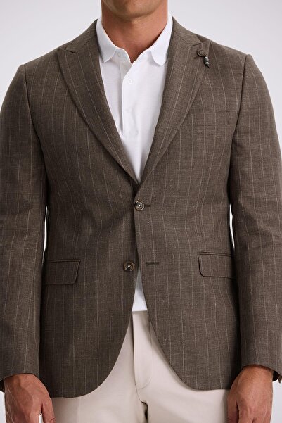 Jakamen Brown Slim Fit Swallow Collar Striped Linen Cotton Seasonal Jacket