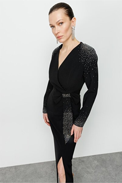 Moda İlgi Modailgi Stone Detailed Slit Long Dress Black