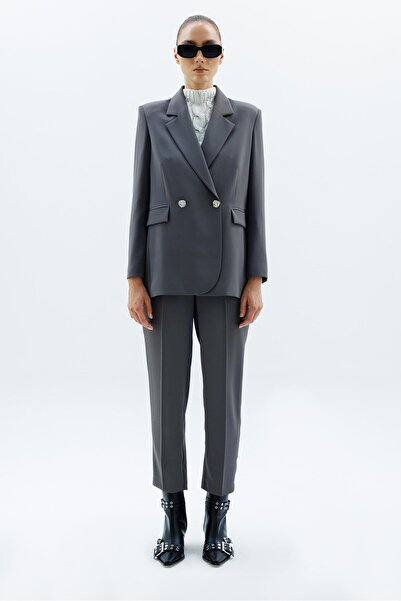 Moda İlgi Modailgi  Sırtı Düğme Detaylı Kruvaze Ceket Gri