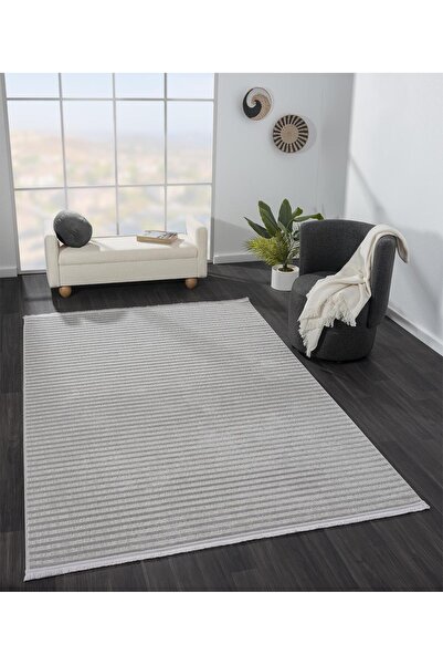 Karmen Halı Sümer Sm008g Gri Antrasit Çizgi Desen Halı Dekoratif Modern Tozuyok Salon Halısı Koridor