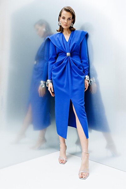 Moda İlgi Modailgi  Belden Pencereli Halka Tokalı Elbise Saks