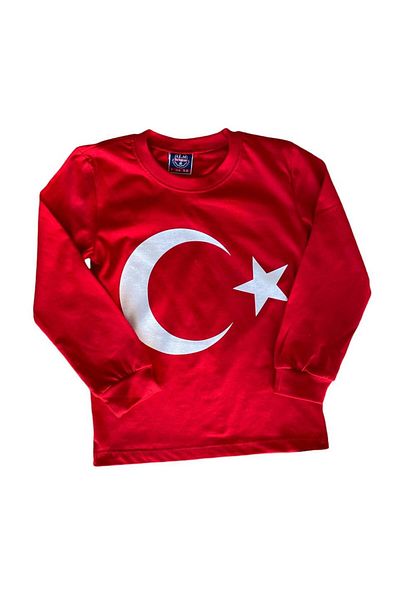 Limoon Unisex Kids T-Shirt - Moon and Star, Turkish Flag, Long Sleeve, Ataturk Patterned