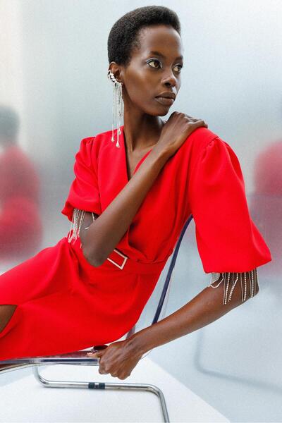 Moda İlgi Modailgi  Şerit Taşlı Balon Kol Elbise Kırmızı