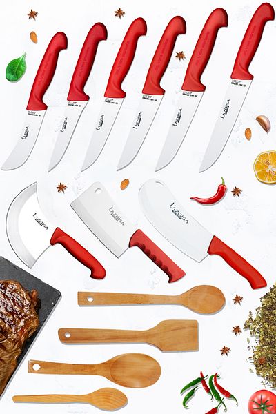 LAZBİSA Silver Series Kitchen Knife Set Row Pastry Onion Knife and Montessev Wooden Spoon Set (13 Pieces)