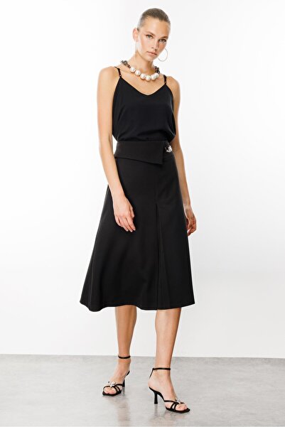 Moda İlgi Modailgi  Yüksek Bel Kemeri Tokalı Midi Boy Pilikaşe Etek Siyah