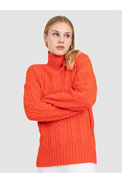 Serianno Alpaka Karışımlı Kablo Örgü Dik Yaka Kazak KZK8404ORANJ