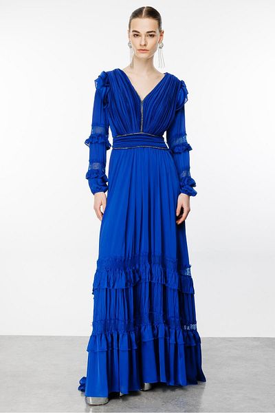 Moda İlgi Saks Blue - Lace Pleated Fashion Dress