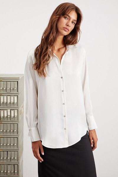 GRIMELANGE Sheila Women's Premium Satin Woven Relaxed Fit Relaxed Fit Long Sleeve Pocketless Ecru Shirt