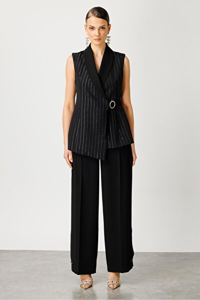 Moda İlgi Modailgi Kruvaze Kapamalı Şal Yaka Simli Yelek Siyah