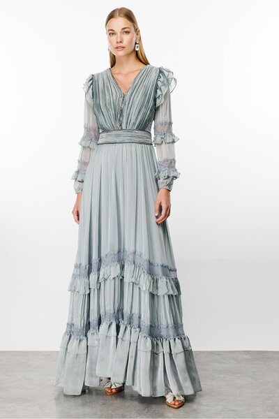 Moda İlgi Gray Pleated Dress - Modailgi Lace Detail