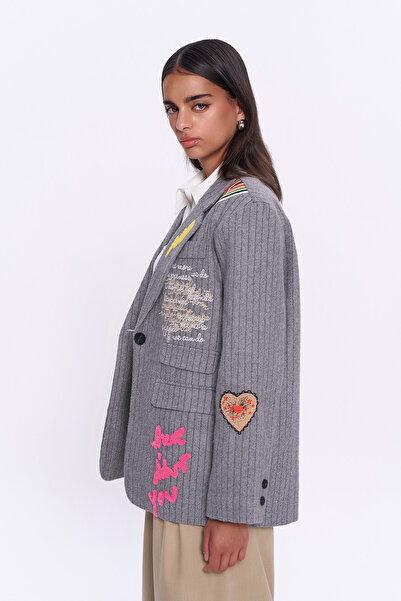 Quzu Gray Stamped Blazer Jacket - Colorful Embroidery Detail