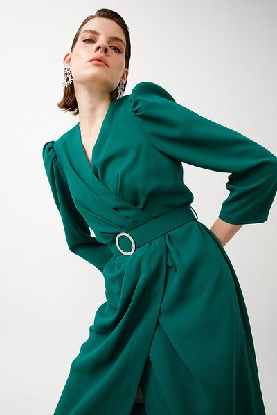Moda İlgi Πράσινο φόρεμα μίντι με διπλό στήθος Modailgi
