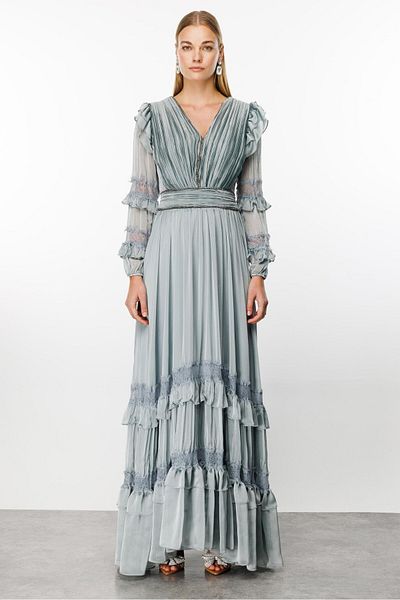 Moda İlgi Gray Pleated Dress - Modailgi Lace Detail