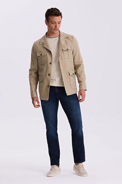 Jakamen Bej Slim Fit Cepli Keten Pamuk Mevsimlik Safari Ceket