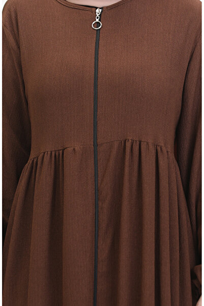 sefamerve Bürümcük Kumaş Büzgülü Fermuarlı Ferace 1018-08 Kahverengi