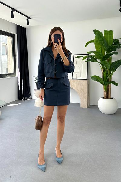 BİRCANÇİL Sileya Navy Blue Belt Detailed Jacket-Skirt Set
