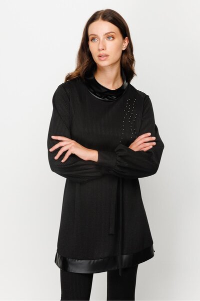 Moda İlgi Модальна шкіра з гарніром, в'язана туніка, чорна